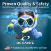 Oceanic diving mask with text 'Proven Quality & Safety' on a blue background